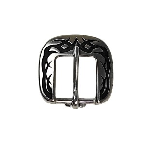 Tribal heel buckle in stainless steel w/ black patina